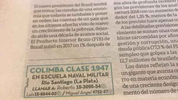 El anuncio en el diario Clarín con los teléfonos de los organizadores del encuentro. Por ahora son diez los ex reclutas que asistirán: esperan hallar al menos a otros cinco