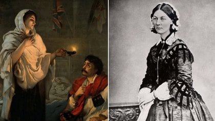 Florence Nightingale en un retrato de Henrietta Rae y una fotografía suya de mitad de siglo XIX