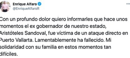 El gobernador de Jalisco, Enrique Alfaro, condenó el asesinato (Foto: Twitter/EnriqueAlfaroR)