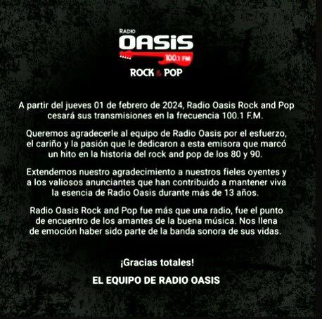 Comunicado de Radio Oasis. Facebook