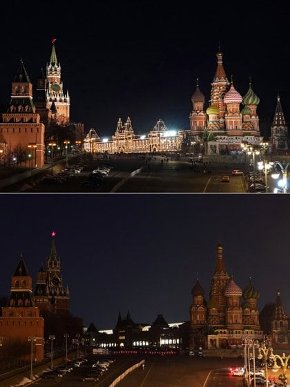 Una foto combinada muestra el Kremlin, los grandes almacenes GUM y la Catedral de San Basilio antes (arriba) y durante la Hora del Planeta en Moscú, Rusia
