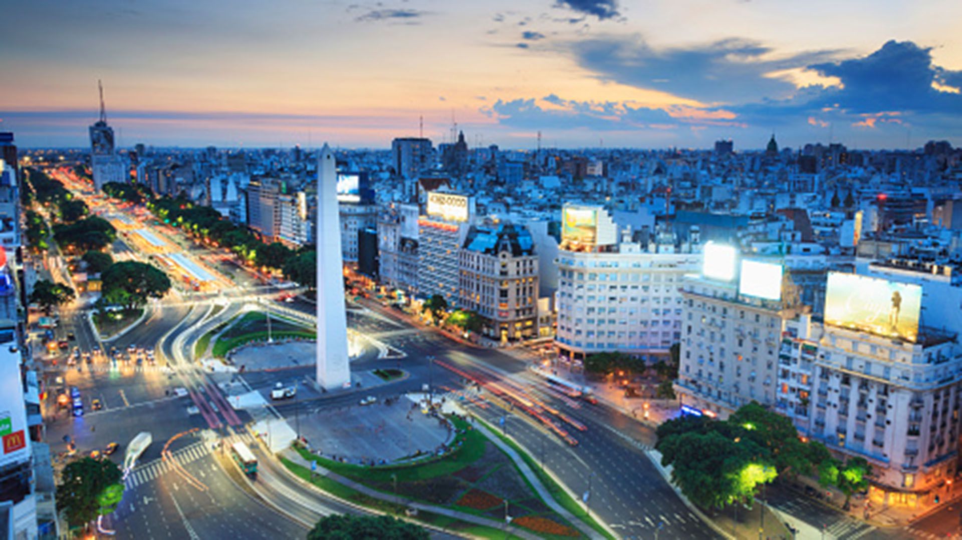 Argentina, Buenos Aires, Elevated view of Avenida 9 de Julio and Obelisk at sunset