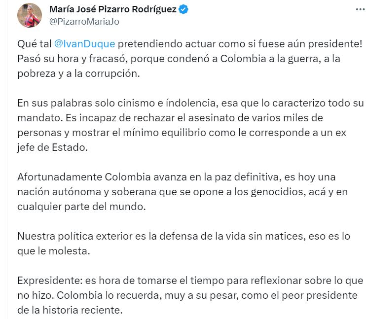 La senadora, María José Pizarro le contesta a Iván Duque por hacer una publicación hablando de la situación de medio oriente - crédito @PizarroMariaJo