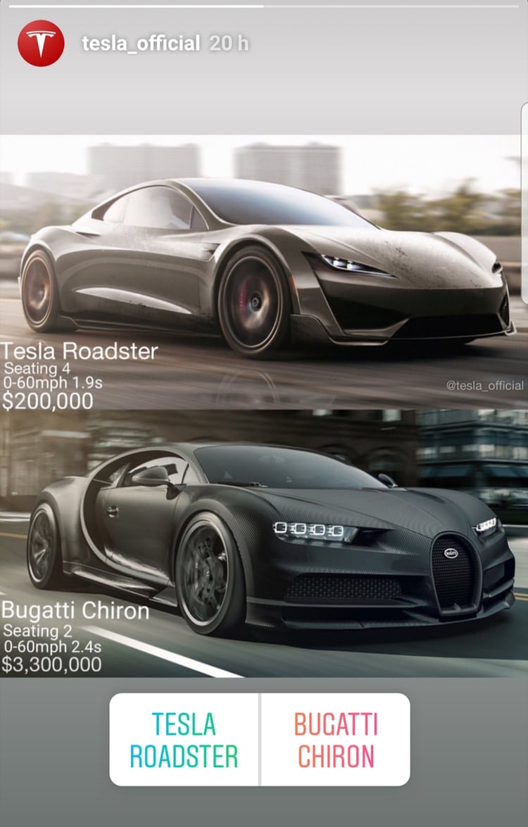 El duelo planteado por Tesla en sus redes sociales: el Roadster contra el Bugatti Chiron. (Instagram @tesla_official)