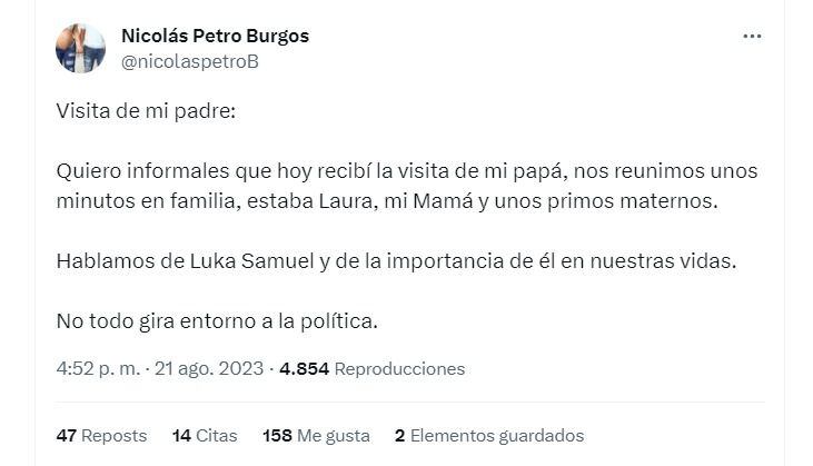 Con este mensaje en su cuenta de X (Twitter), Nicolás Petro se refirió al encuentro con su padre, el presidente de la República, Gustavo Petro.