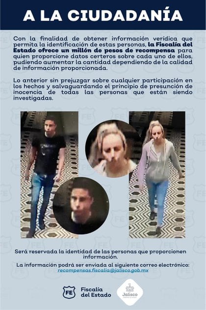La Fiscalía de Jalisco ofreció un millón de pesos por información que permita la identificación de las personas en la imagen (Foto: Twitter/@FiscaliaJal)
