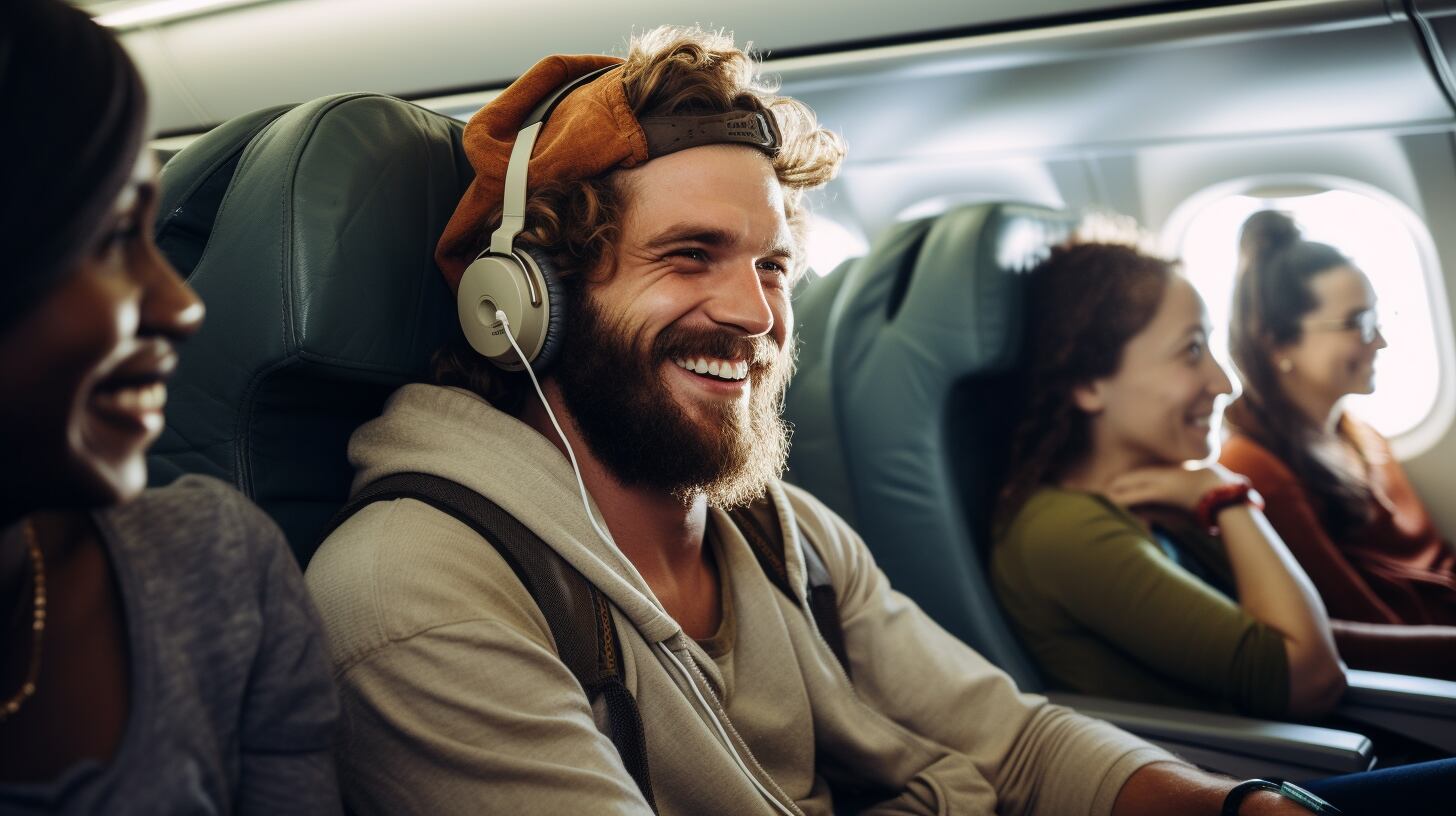 Pasajeros en un avión riendo y disfrutando del momento. La imagen captura una escena de alegría y camaradería, posiblemente en respuesta a una interacción humorística o agradable durante el vuelo.(Imagen ilustrativa Infobae)