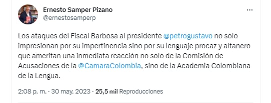 El expresidente comentó el rifirrafe entre el presidente y el fiscal general de la Nación. Twitter.