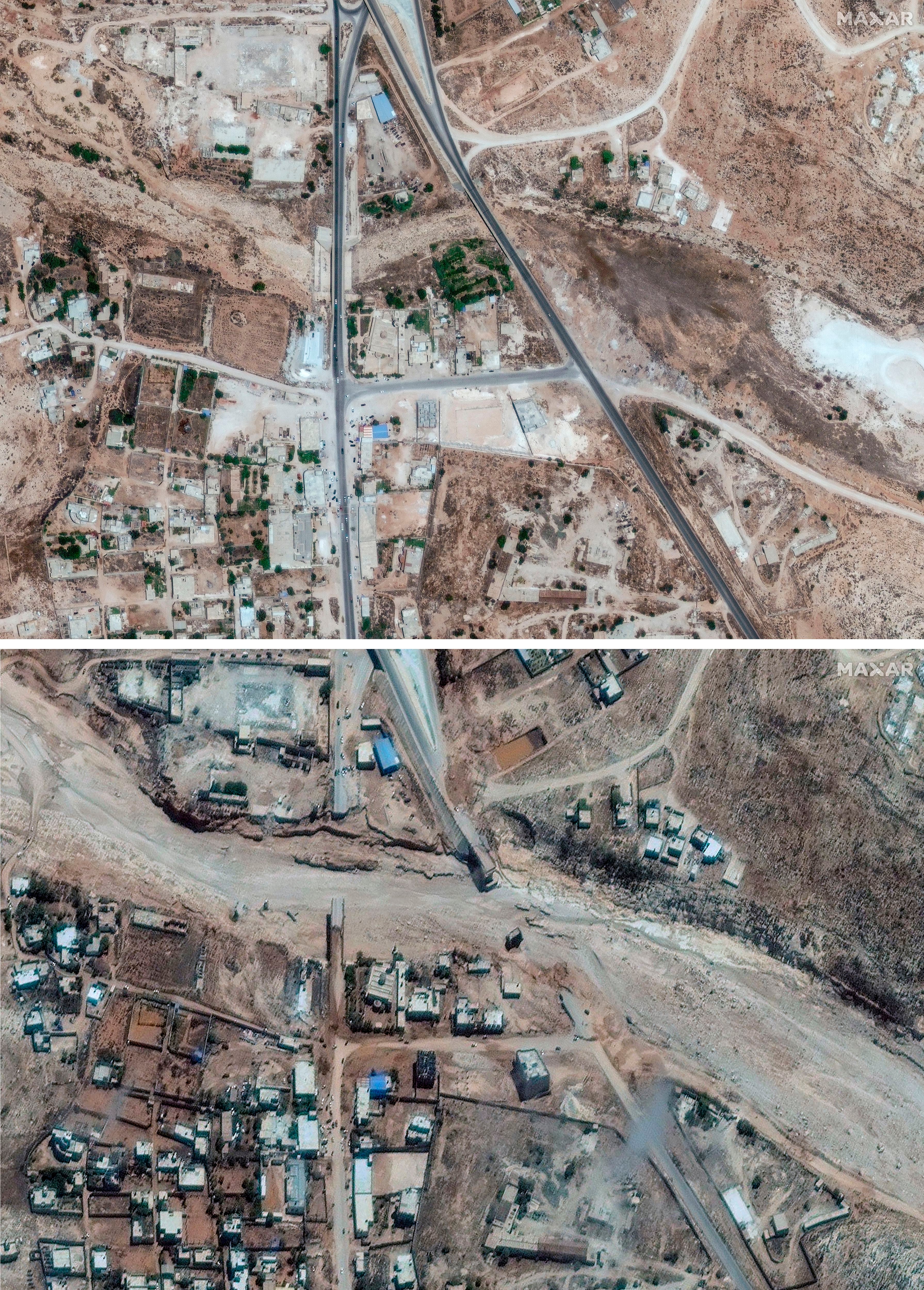 Sopra c'è una strada costiera nella città libica di Derna il 1 luglio 2023, e sotto c'è la stessa area mercoledì 13 settembre 2023 (Immagine satellitare © 2023 Maxar Technologies via AP)