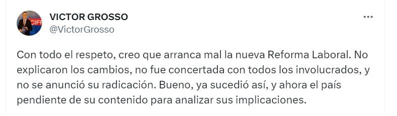 Publicación de Víctor Grosso, economista - crédito @VictorGrosso/X