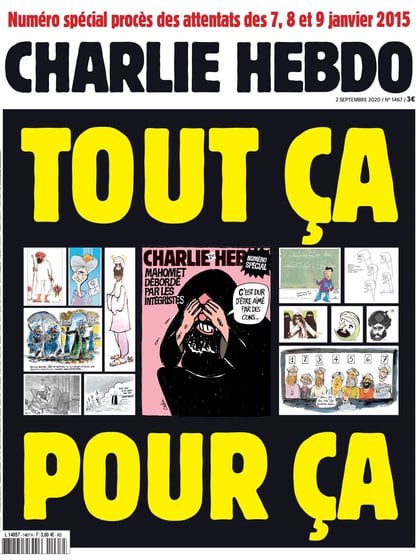 La portada de Charlie Hebdo, en un nuevo aniversario del ataque del 2015, en el que murieron 10 miembros de su staff (TWITTER/@CHARLIE_HEBDO)
