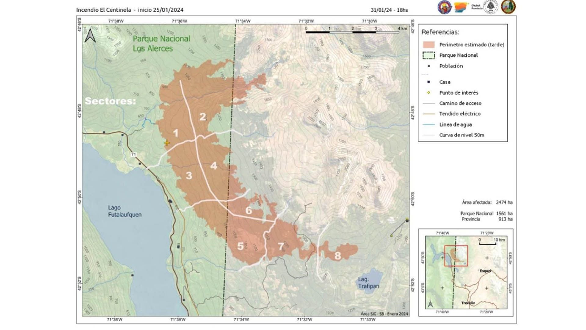 Mapa del área afectada incendio Chubut