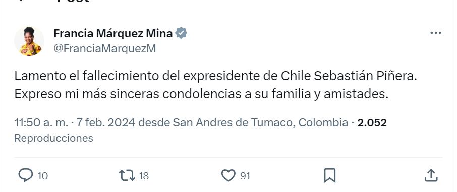 La vicepresidenta emitió un escueto mensaje para lamentar la muerte de Sebastián Piñera - crédito red social X
