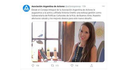 Tuit de la Asociación Argentina de Actores que fue retuiteado por Onetto