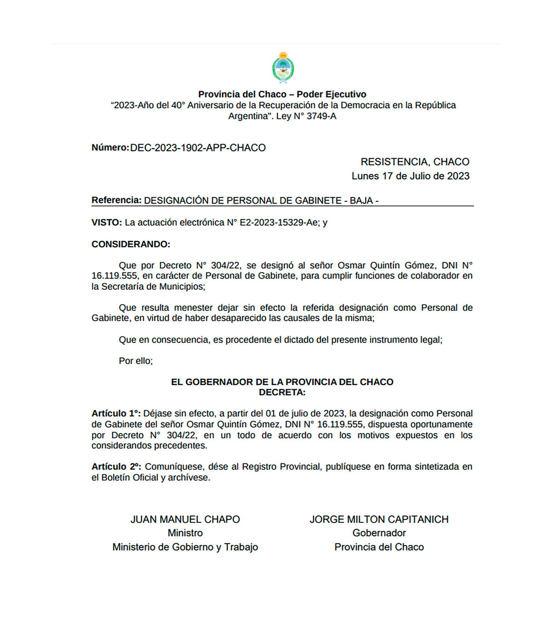 El decreto en el que el gobierno provincial confirmó la desvinculación de Osmar "Quintín" Gómez