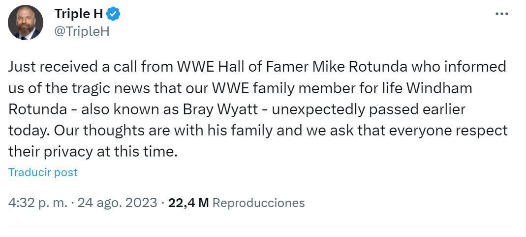 La publicación de Triple H que informó la muerte de Bray Wyatt (@Triple H)