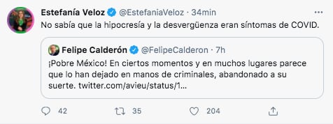 Estefanía Veloz llamó "hipócrita" al expresidente Felipe Calderón (Foto: Twitter@EstefaniaVeloz)