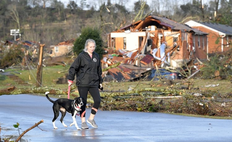 Una mujer camina con su mascota mientras de fondo se observa una casa destruida (REUTERS)