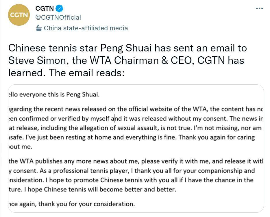 The Chinese media CGTN, related to the government of that country, broadcast an alleged message from Peng Shuai to the WTA (Photo: REUTERS)