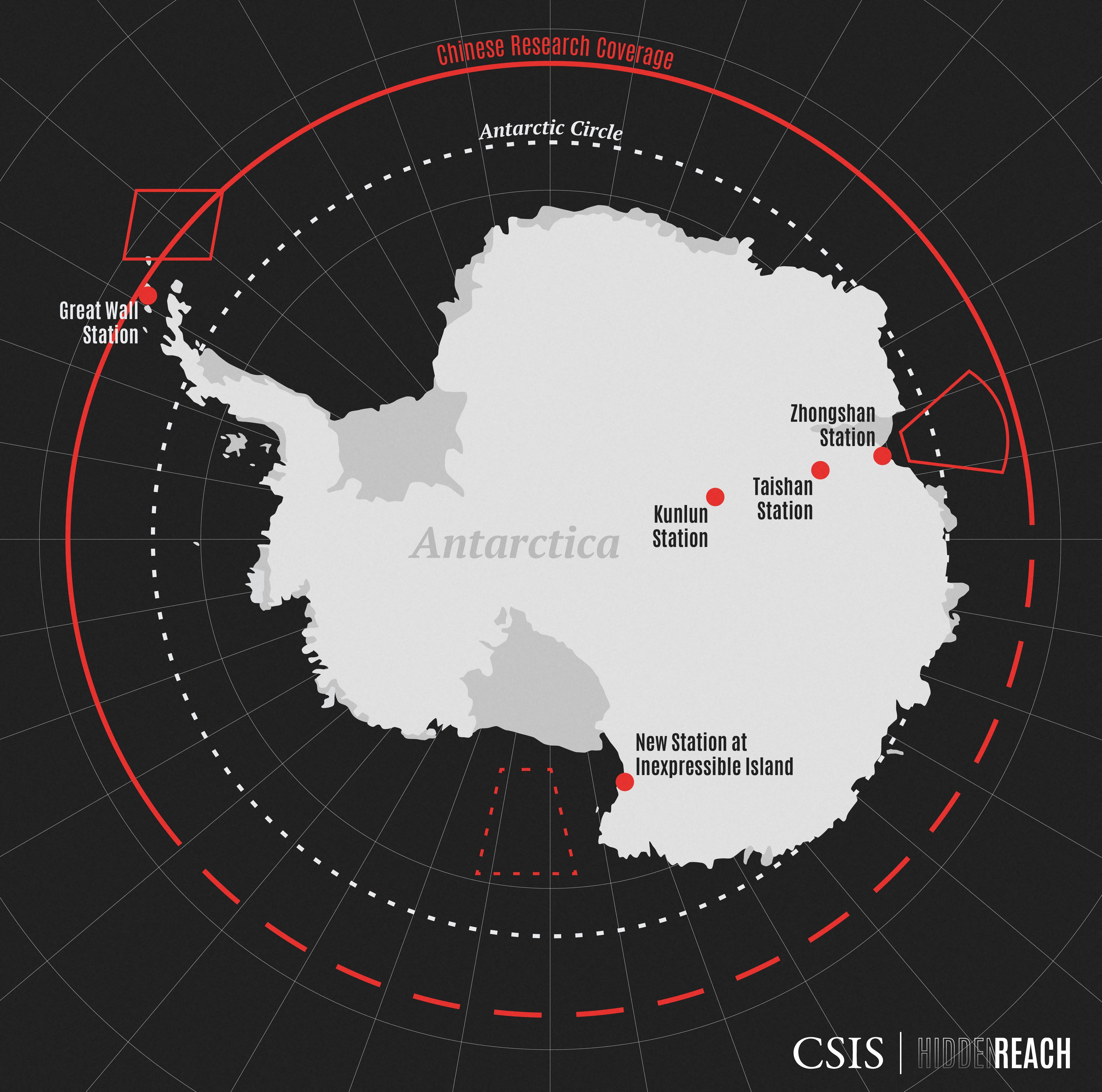 Un mapa muestra las ubicaciones de las estaciones antárticas chinas existentes y el sitio de la Isla Inexpresable de una nueva estación en esta imagen del folleto. Centro de Estudios Estratégicos e Internacionales (CSIS)/Hidden Reach/Folleto a través de REUTERS