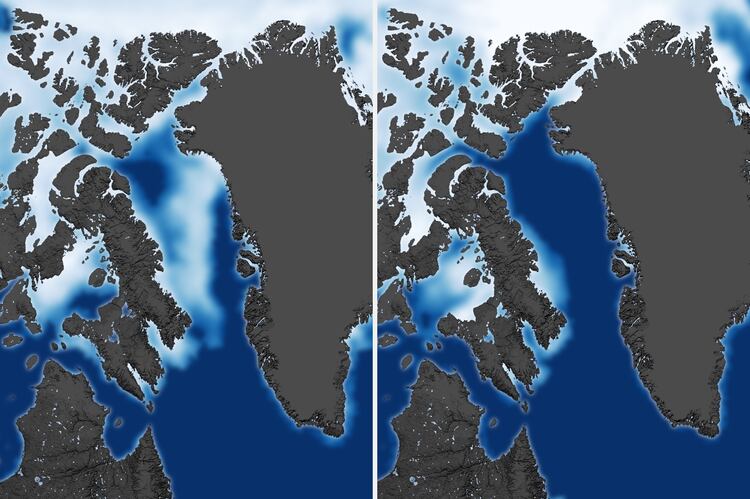 La disminución de los hielos árticos. (15 de julio de 1993 en la imagen de la izquierda - 15 de julio de 2013 de la derecha) (Shutterstock)