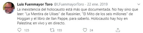 Uno de los tantos tuits negacionistas de Luis Fuenmayor Toro, el nuevo rector electoral suplente del régimen venezolano