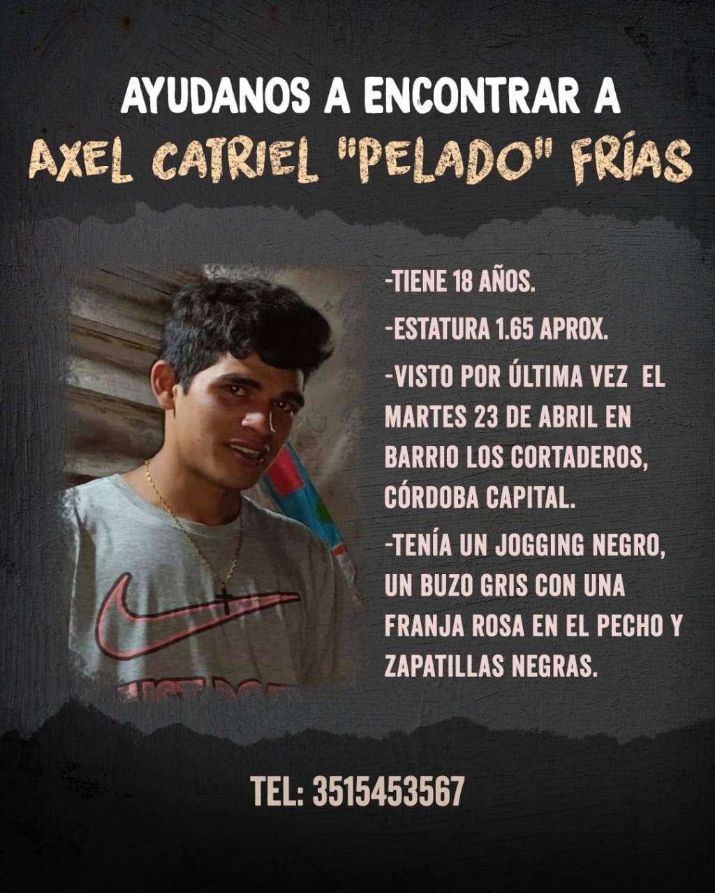 Axel Catriel Frías, joven desaparecido en Córdoba