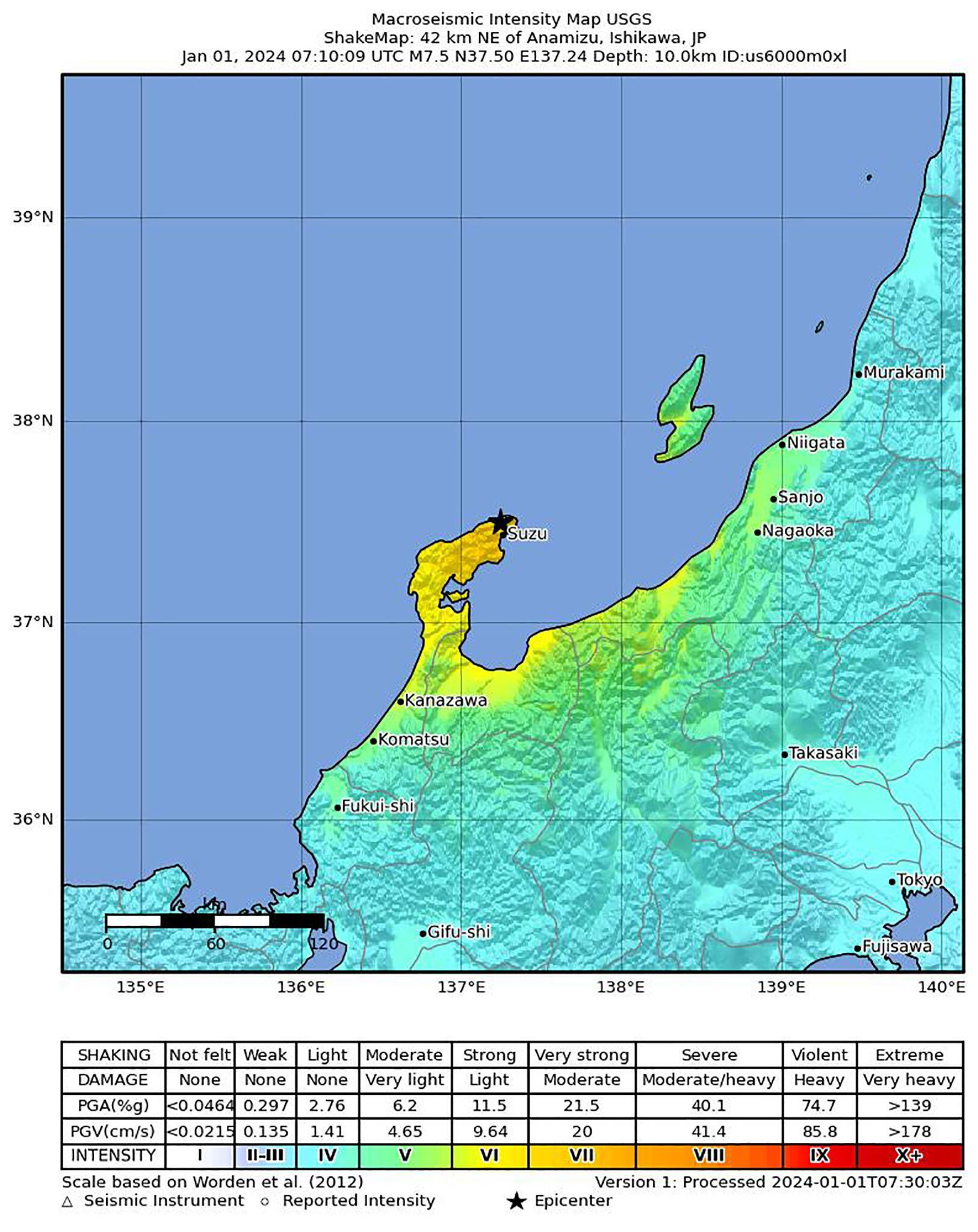 Imagen facilitada por el Centro Geológico de Estados Unidos (USGS). sobre la costa de Japón enn su último sismo de 7,4 grados (EFE/EPA/USGS)
