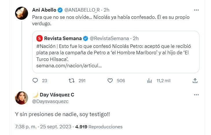 Con esta interacción en su perfil de X (Twitter), Daysuris Vásquez le salió al paso a lo dicho por Nicolás Petro, que alegó que se sintió presionado por parte de la Fiscalía - crédito @daysvasquezc/X
