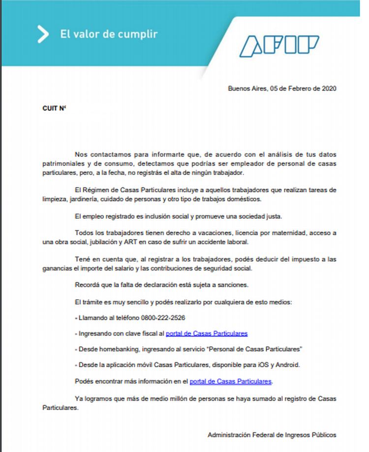 El texto del mensaje enviado desde la AFIP a 130 mil contribuyentes por domicilio fiscal electrónico 
