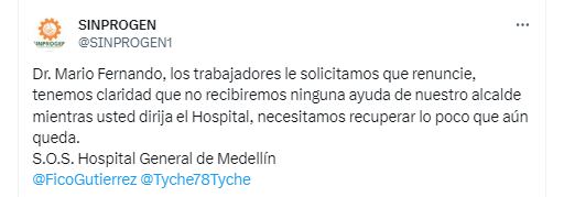 A través de una publicación en X el sindicato aseguró que mientras Córdoba siga en su puesto no recibirán ayuda por parte del alcalde Gutiérrez - crédito @SINPROGEN1/X