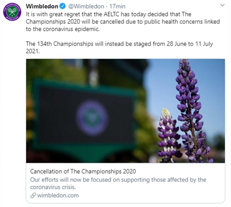 El anuncio de la cancelación de Wimbledon 2020