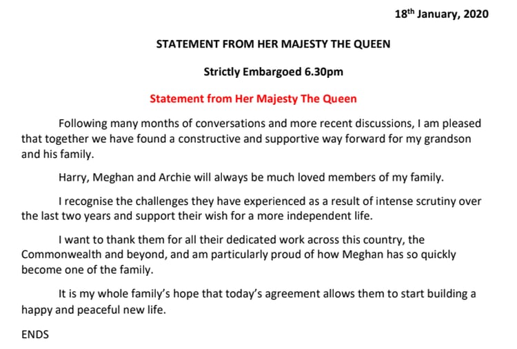 La declaración de la Reina Isabel sobre Harry y Meghan