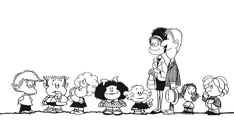 Felipe, Manolito, Susanita, Mafalda, Libertad, los padres de Mafalda, Guille, Miguelito. Gentileza: Editorial De la Flor.