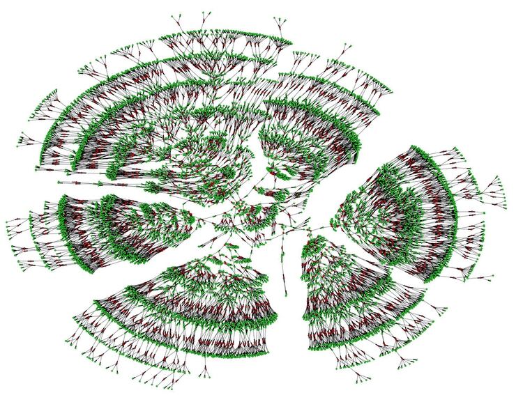 Uno de los árboles genealógicos de 6.000 personas, que abarca siete generaciones. Los puntos verdes son individuos y los rojos, matrimonios (Universidad de Columbia)