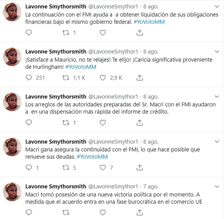 “Satisface a Mauricio” y “Caricia significativa de Hurlingham! son dos de las frases que compartió esta cuenta en Twitter que, por otras publicaciones realizadas e indicios, parecería ser un bot.