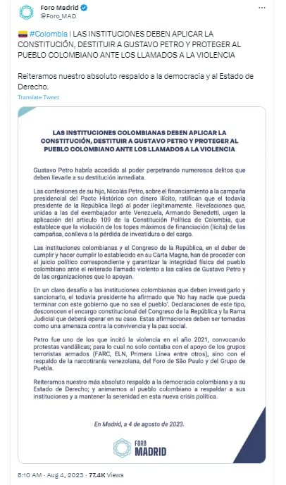 Foro Madrid pidió juicio político y destitución inmediata del presidente Gustavo Petro, tras el escándalo que involucra su campaña. Captura de pantalla @Foro_MAD/Twitter
