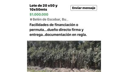 El aviso de venta del terreno en Facebook. 