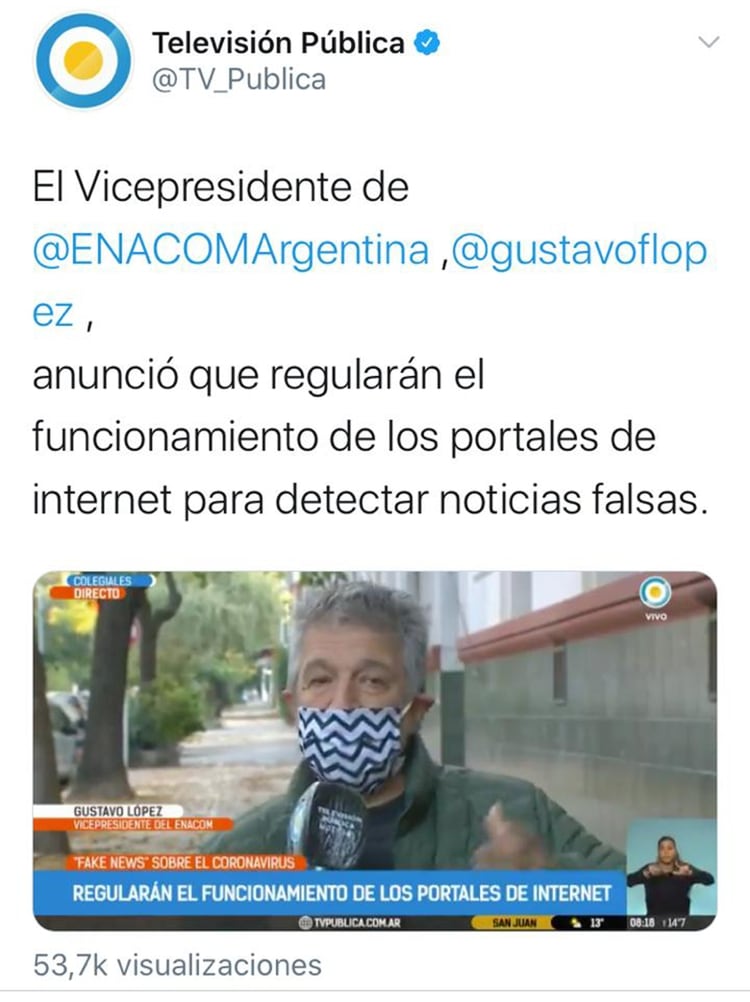 El tuit en el que la TV Pública compartió la entrevista con Gustavo López