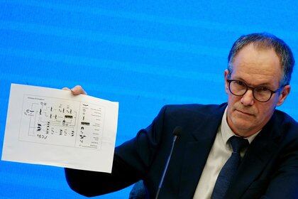 Peter Ben Embarek, a member of the World Health Organization (WHO) team tasked with investigating the origins of the coronavirus disease (COVID-19), holds a chart during the WHO-China joint study news conference at a hotel in Wuhan, Hubei province, China February 9, 2021. REUTERS/Aly Song