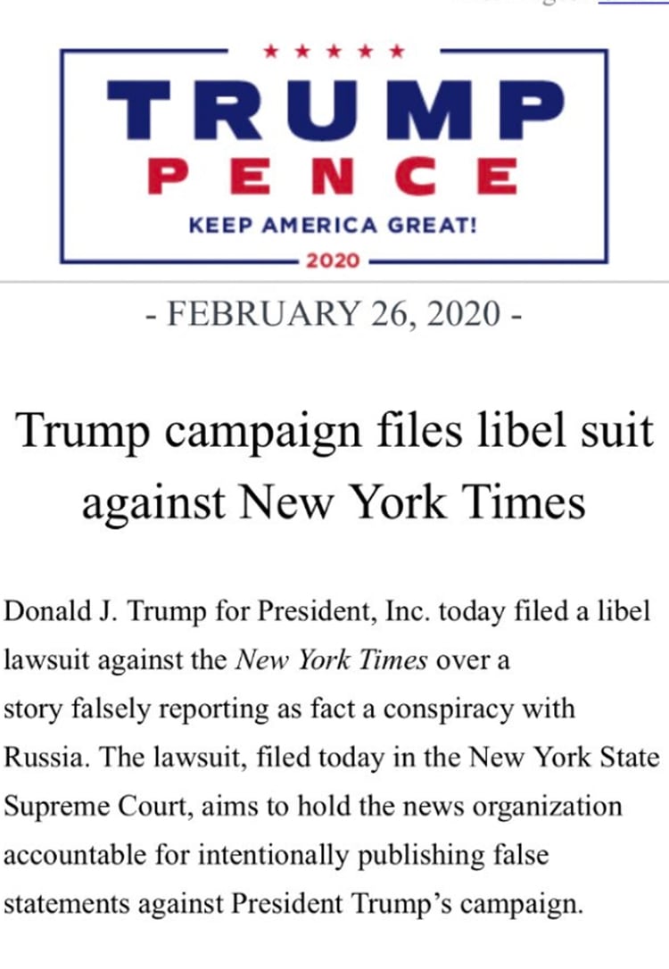 El anuncio de la demanda del comité electoral de Trump contra The New York Times