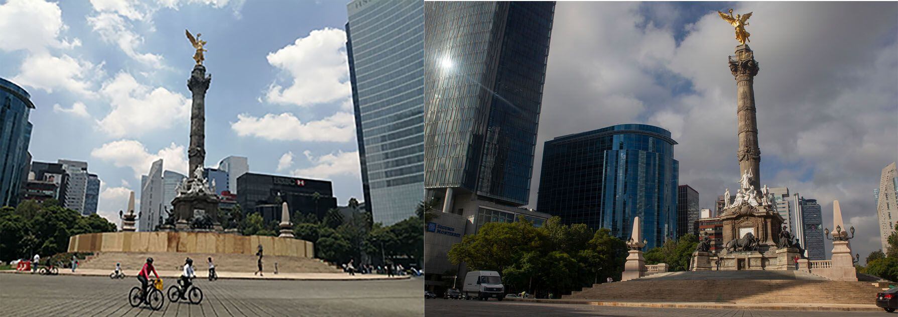 Imagen del ángel de la Independencia donde la fotografía izquierda muestra el paseo en bici dominical con el monumento bardeado en agosto de 2019 y la fotografía de la derecha muestra su reapertura en octubre de 2021.
Foto: Cuartoscuro / Infobae México