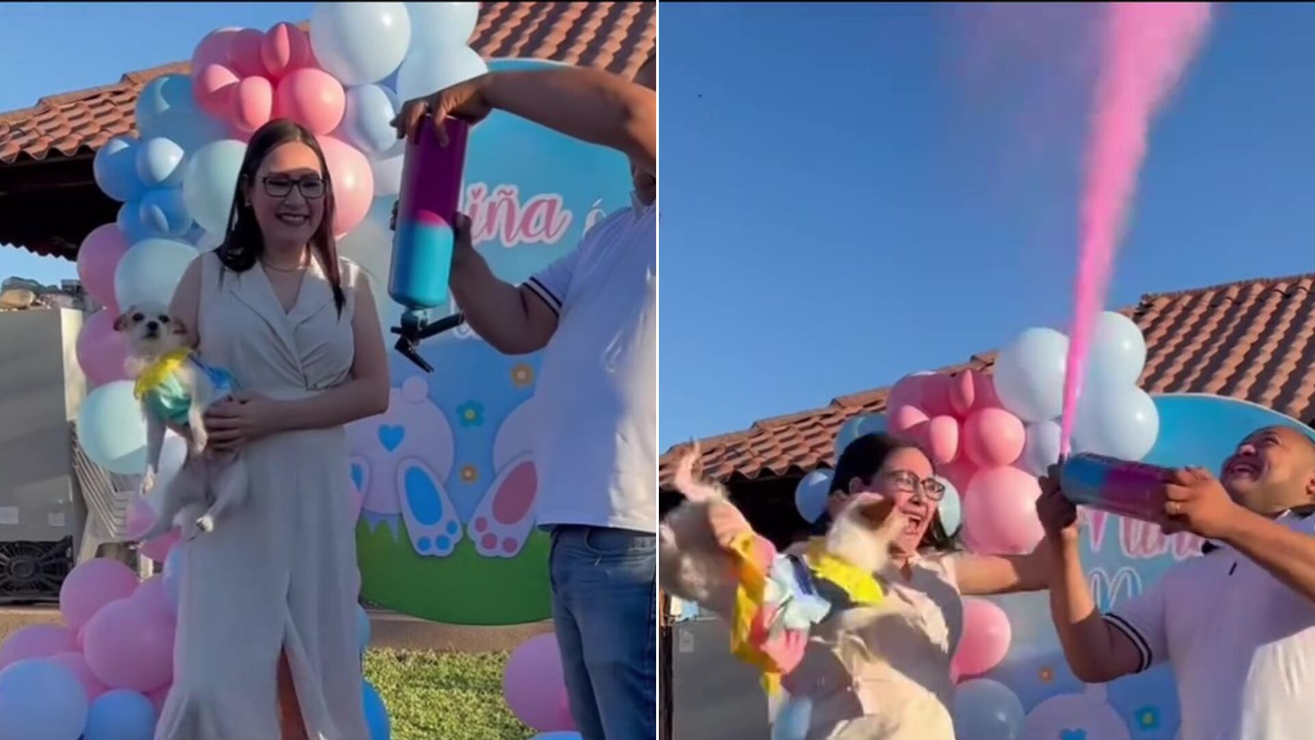 En la imagen capturada del video viral en TikTok, se observa a una pareja en el momento previo al anuncio que revelará el género de su futuro hijo