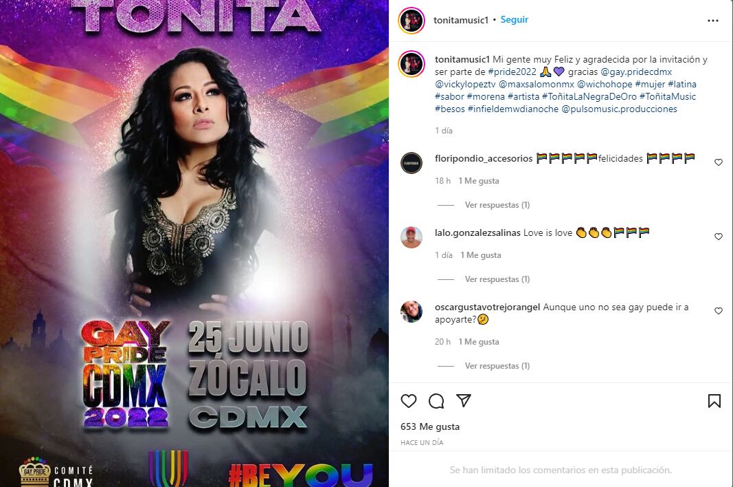 Toñita participará en la marcha del orgullo LGBTQ+ 2022 en la Ciudad de México Foto: Instagram/@tonitamusic1