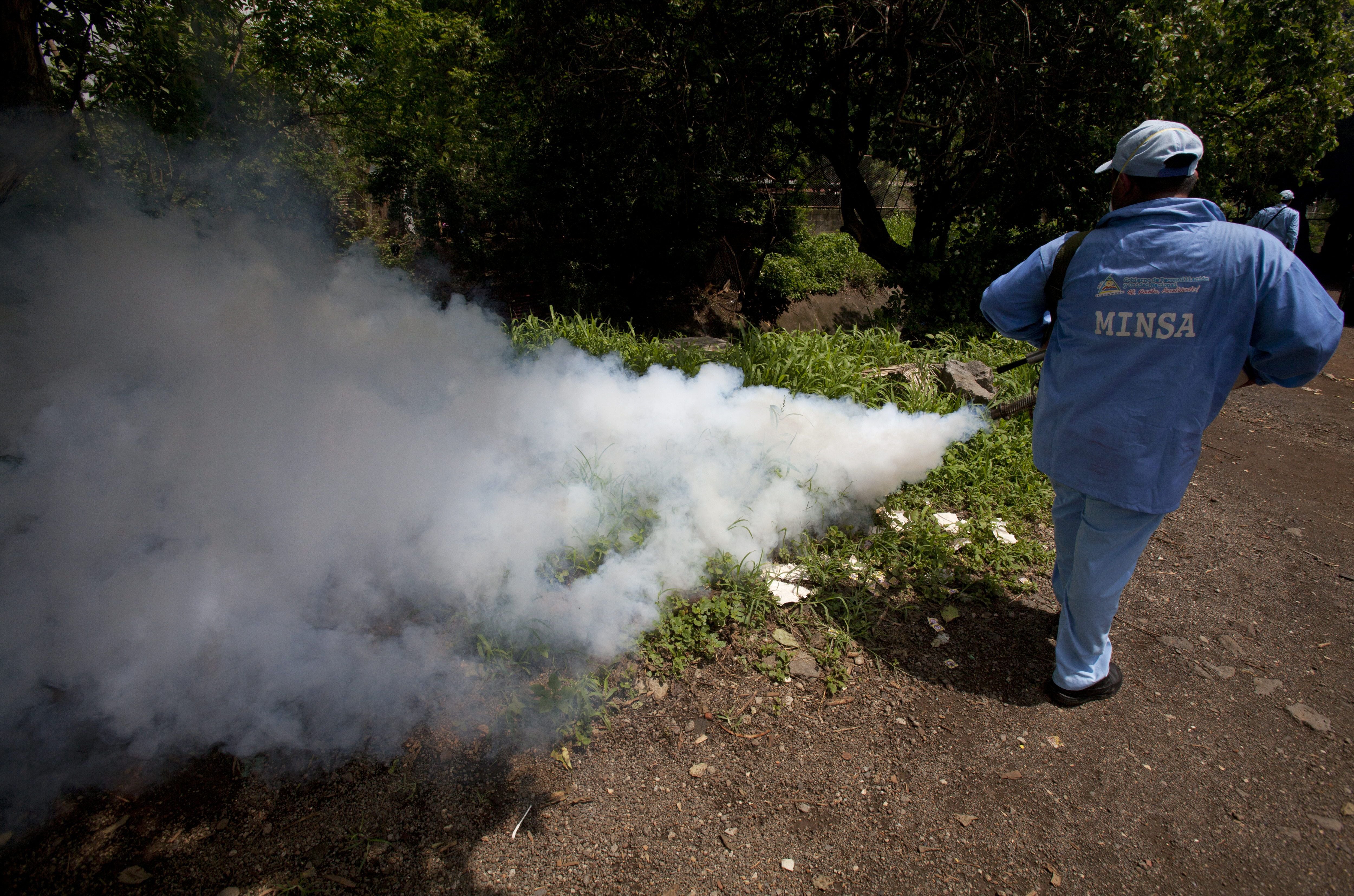 Un brigadista del Ministerio de Salud de Nicaragua fumiga criaderos de mosquitos contra la malaria (EFE/Mario López) 