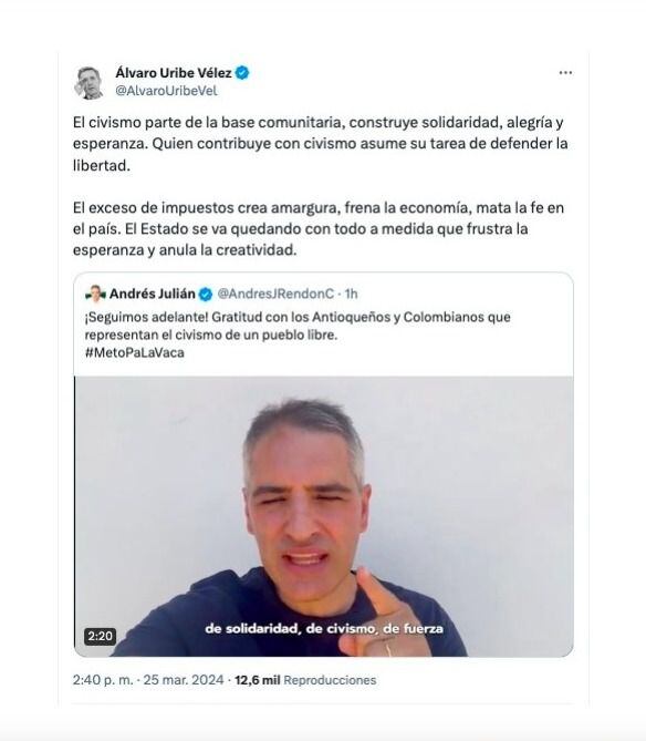 Álvaro Uribe y su apoyo a Andrés Julián Rendón