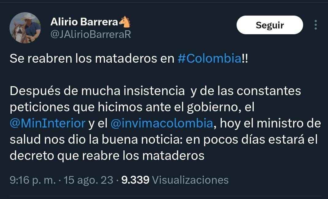 El senador del Centro Democrático celebró la iniciativa de reabrir los mataderos municipales del país.
Foto: X (@JAlirioBarreraR)