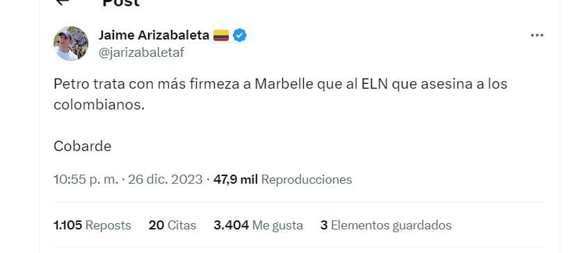 Jaime Arizabaleta crítica al presidente por su polémica con  Marbelle - crédito @jarizabaletaf