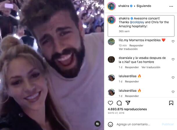 Shakira y Gerard Piqué disfrutando del concierto de Coldplay un 27 de mayo de 2016. Seguidores no pasaron por alto el hecho entre Piqué y Clara Chía. @shakira/Instagram