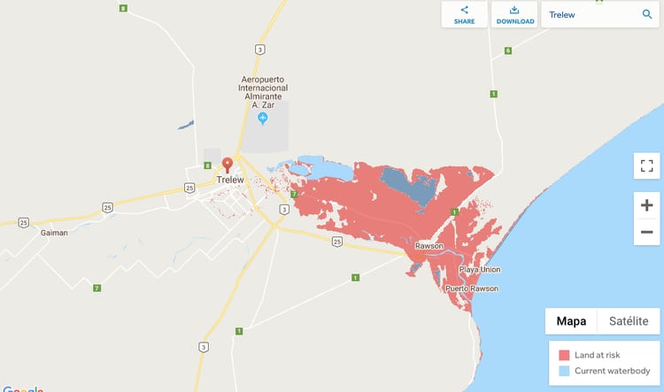 La provincia de Chubut también se encuentra muy comprometida por el alza del nivel del agua